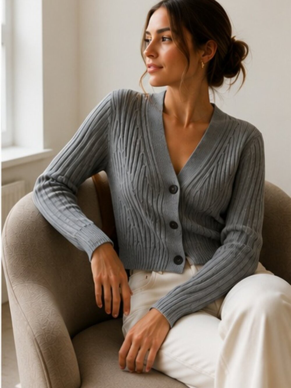 VINCE Interlocking Cable Merino Wool Cashmere Cardigan Gray Blue, Size S